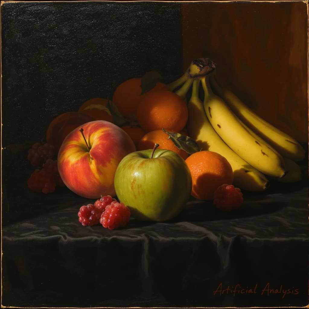 A still life scene painted oil on canvas, comprising various fruits on a black table cloth with striking lighting coming from the right out of frame, creating strong shadows. A bruised green apple is in the foreground, a peach behind it, and behind that a melange of oranges and bananas in various states of ripeness. Berries are strewn in front of the apple. The artist has signed his name "Artificial Analysis" in the bottom right corner in a hurried fashion.
