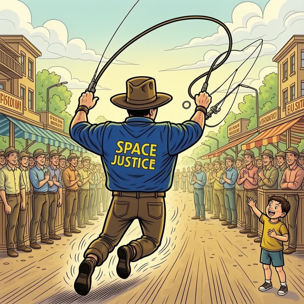 The space cowboy chases the deranged fisherman underneath the causeway, eager to collect on his bounty. Fishing rods and lines hang off the back off the fishermen as he darts between the bustling market crowd. We see the back of the space cowboy in his space poncho emblazoned with the words SPACE JUSTICE, spinning his lasso over his head. A child on the sidelines excitedly cheers the cowboy. 1990s hand drawn anime style with strong fluidity