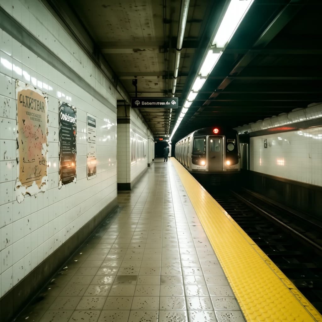 A subterranean subway platform with glossy tiles, peeling posters, flickering fluorescent lights, yellow safety line, and a distant train coming; slightly damp, echoes carry.