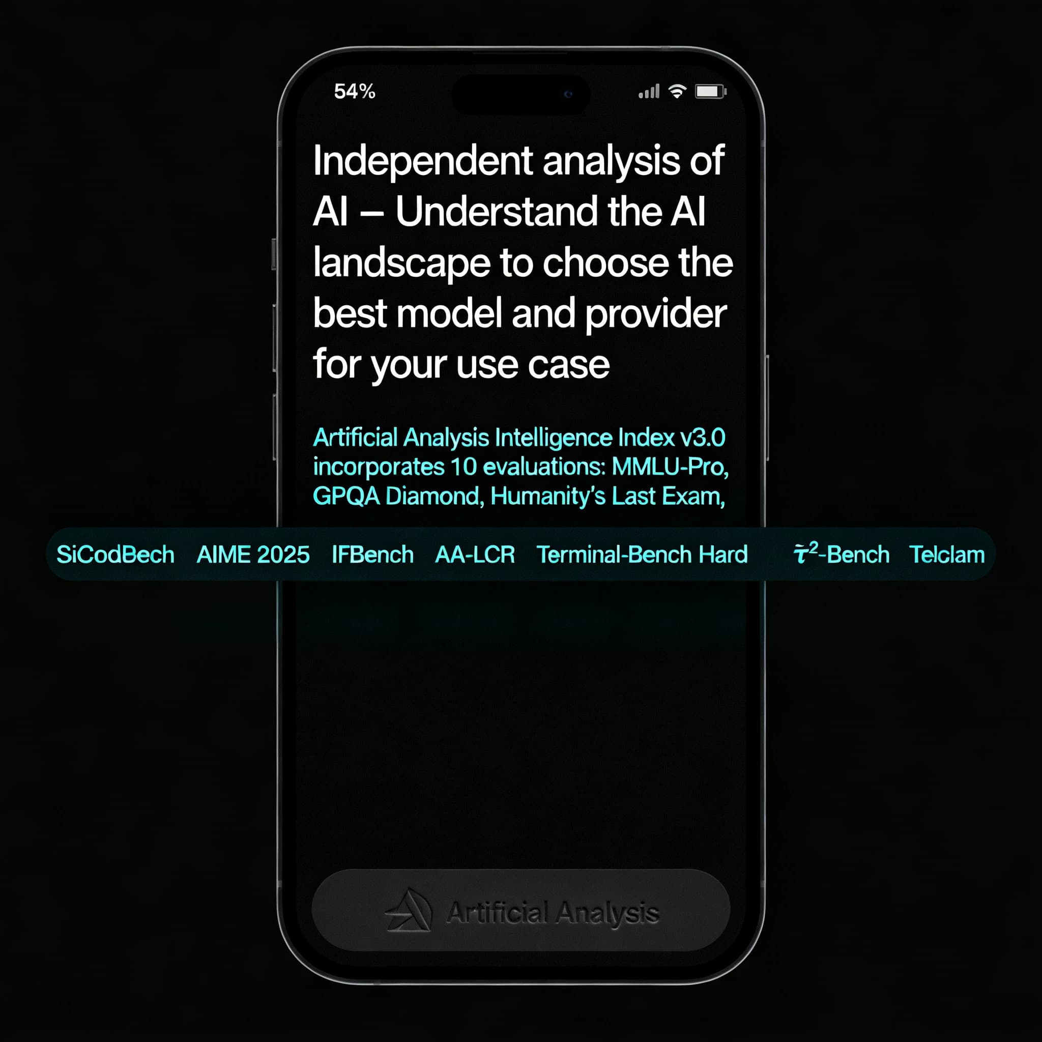 On a black smartphone UI with rounded corners, display a centered text block in white San Francisco font, 16pt: “Independent analysis of AI - Understand the AI landscape to choose the best model and provider for your use case.” Below, in neon cyan, monospace font, smaller size: “Artificial Analysis Intelligence Index v3.0 incorporates 10 evaluations: MMLU-Pro, GPQA Diamond, Humanity's Last Exam, LiveCodeBench, SciCode, AIME 2025, IFBench, AA-LCR, Terminal-Bench Hard, 𝜏²-Bench Telecom.” The second block scrolls horizontally as a ticker. The battery icon in the status bar shows 54%. The Artificial Analysis logo appears faintly, embossed into the bottom navigation bar.