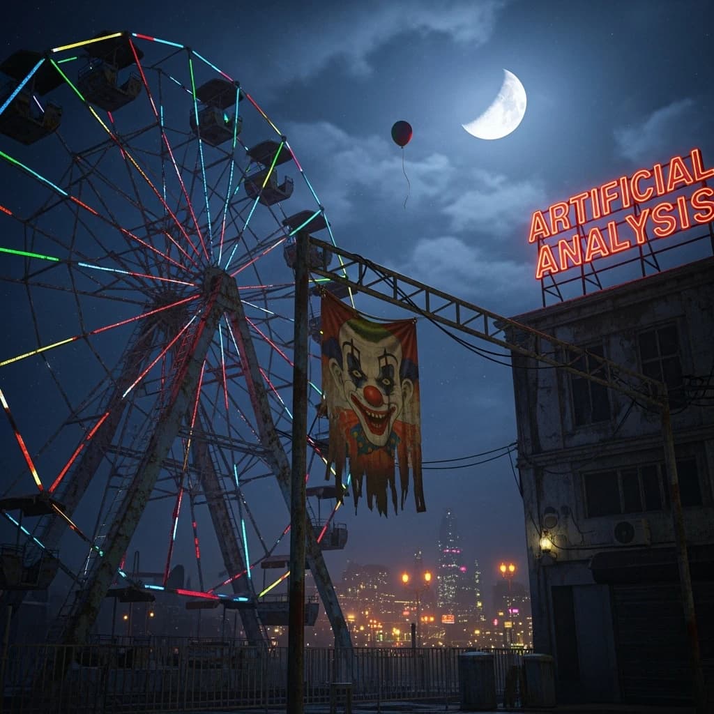 A deserted amusement park glows faintly under a half-moon. The ferris wheel is rusting yet strung with fresh, blinking LED lights. A torn clown banner flaps in a windless air. A lone balloon floats upward, tethered to nothing, while in the far distance city lights flicker on - some neon, some gas lamps as though from another century. 'Artificial Analysis' glows in neon
