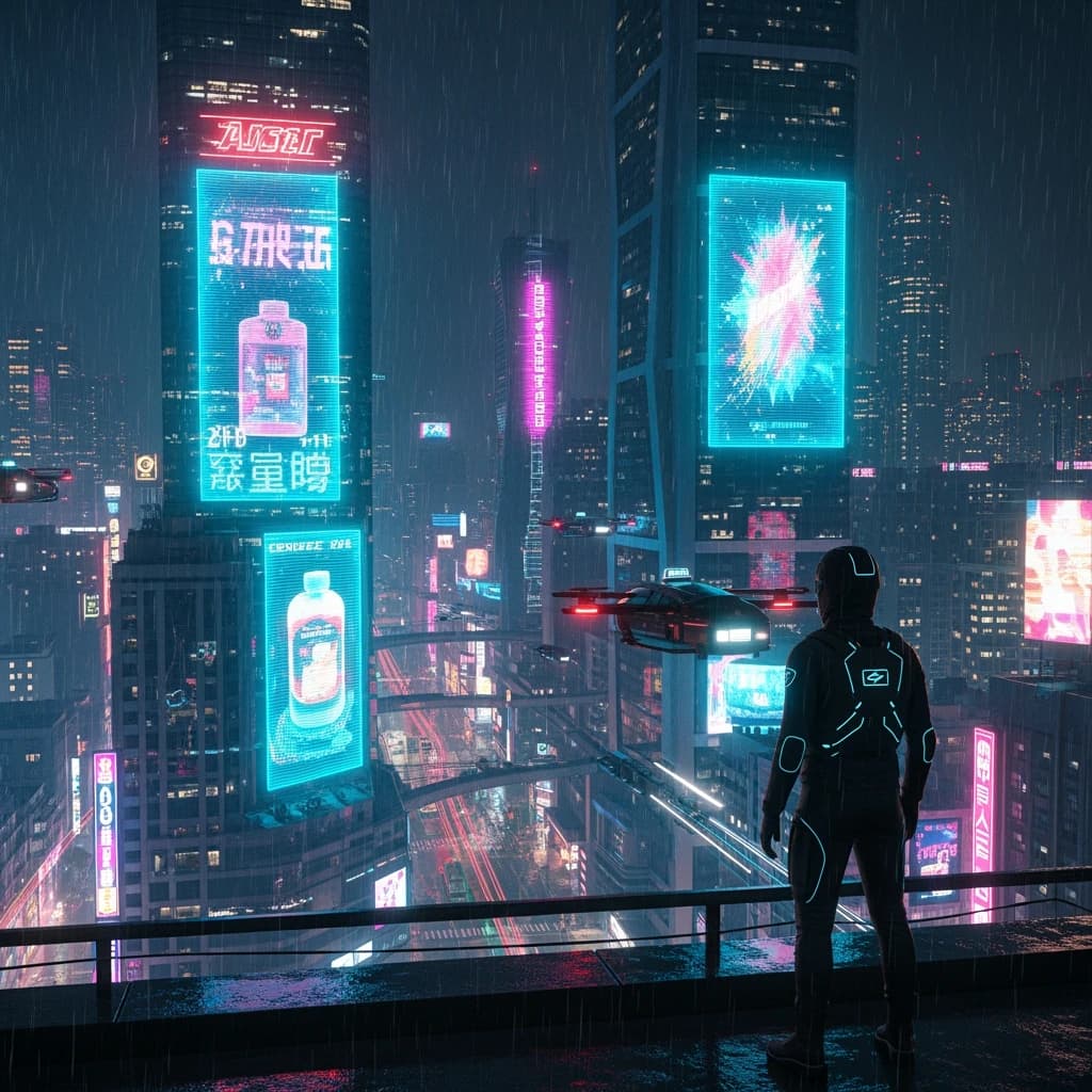 Rain-soaked neon megacity at night, flying taxis weave between glass towers, giant holograms flicker; a lone courier in a matte exosuit, somewhat cinematic wide angle.