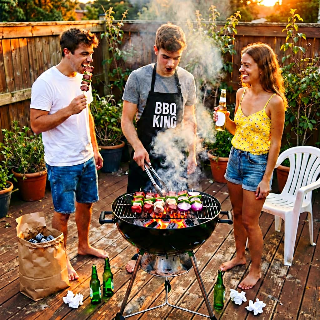 Friends grill skewers on a slightly messy patio.