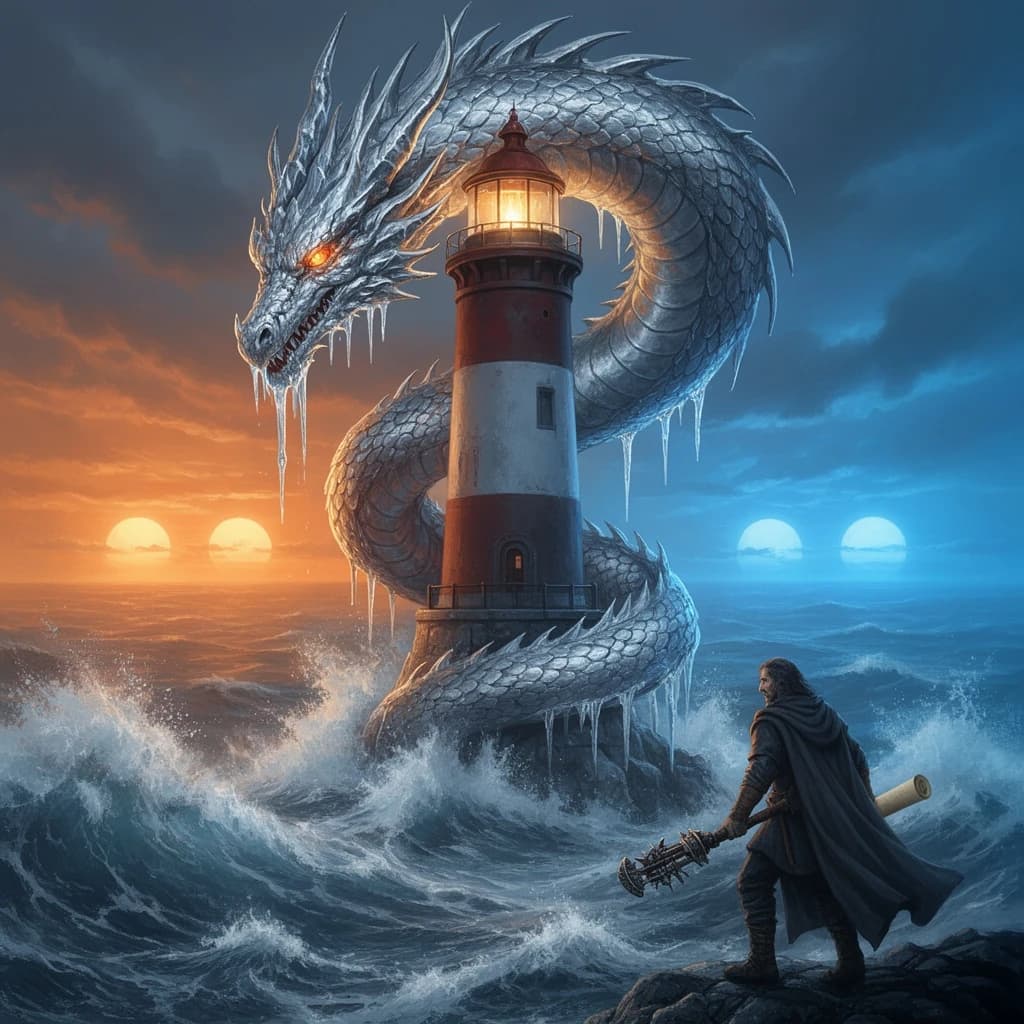 A dragon of molten silver coils around a lighthouse. The storming sea below crashes upward in frozen stillness, as though caught mid-motion. The dragon’s molten eyes drip tears of ice. On the horizon, two suns set next to each other, casting orange light on one side of the tower and blue on the other. A cloaked traveler carries an ancient weapon in his left hand and a scroll in his right.
