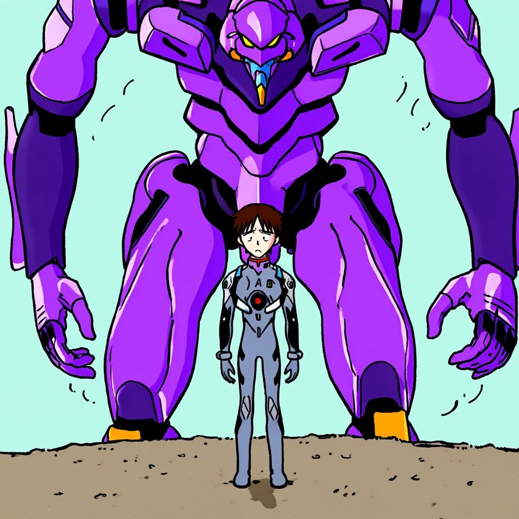 Clad in his body suit up to the neck, young Masa nervously approaches the towering mech with his back facing us. He is nervous for his first time in the field. The mech's bright purple colour scheme contrasts with the grey body suit. The scale of the mech dwarfs Masa. Hand drawn style