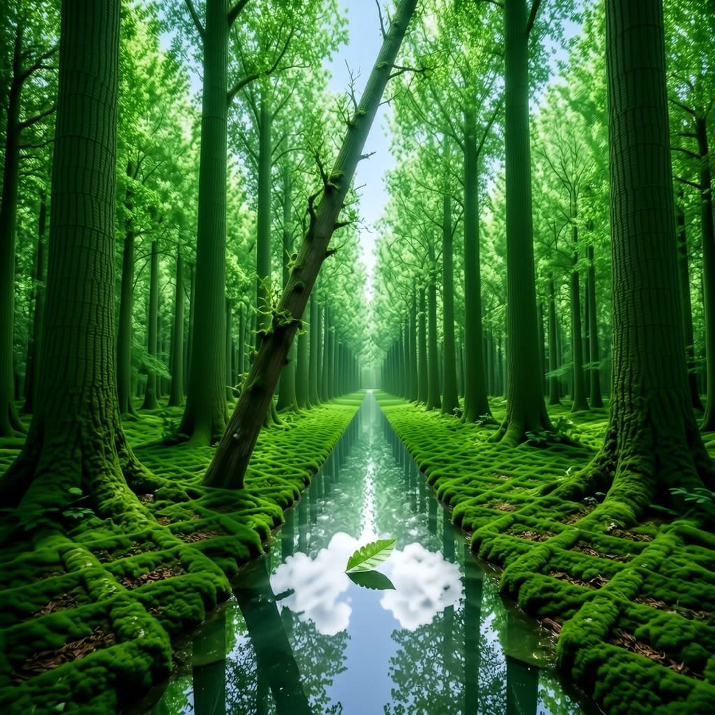 The forest is saturated green, trees identical in height and width, trunks straight, bark texture repeating. One trunk leans diagonally yet the branches remain vertical. The moss is emerald, glistening, though each patch forms identical diamond shapes. A stream runs straight, perfectly linear, water clear, reflecting clouds not visible in the sky. No animals, no insects, but one leaf floats on the water, doubled, showing two overlapping shadows.