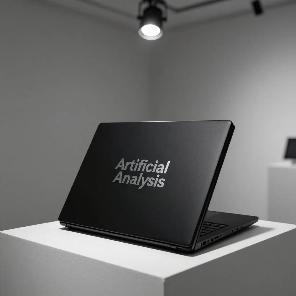A premium matte black laptop-sized box rests on a pure white pedestal within a gallery space. Overhead, a single spotlight carves sharp contrast, leaving the edges in deep shadow. The brand name Artificial Analysis is embossed in silver foil, glinting faintly as though it were jewelry.