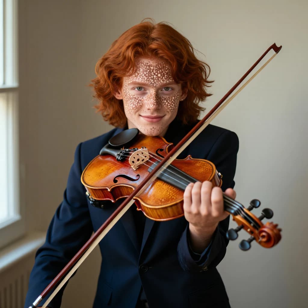 Capture a head-and-shoulders portrait of a freckled red-haired violinist in a navy blazer, soft window light, 85mm at f/1.8, gently smiling yet serious eyes, muted tones.