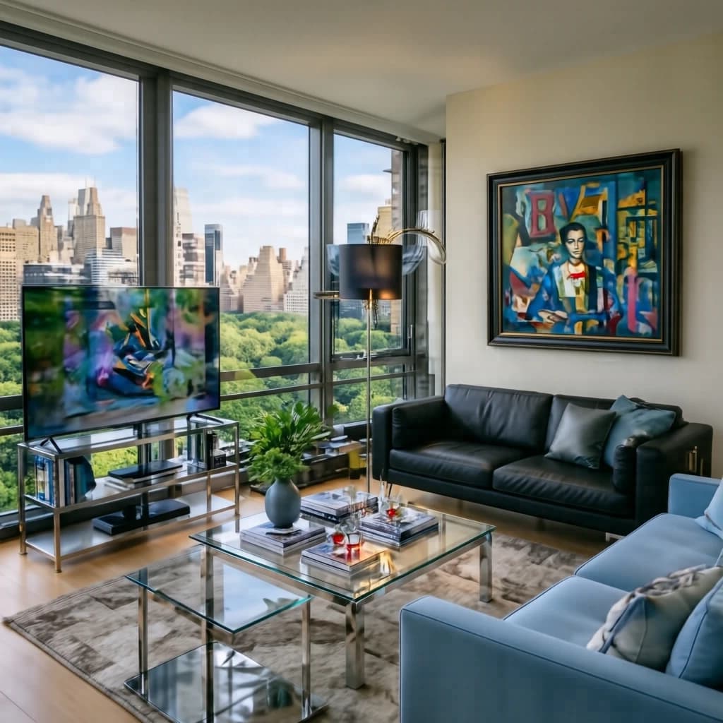 My apartment overlooks Central Park. It’s very luxurious, very expensive, and the furniture is minimal — a black leather couch, a glass coffee table with chrome legs, an Arne Jacobsen floor lamp. A big-screen television set rests on a steel shelving unit. A David Onica painting hangs above the couch. There’s a stainless steel and glass cocktail table. A powder-blue sofa. A thirty-inch digital TV.