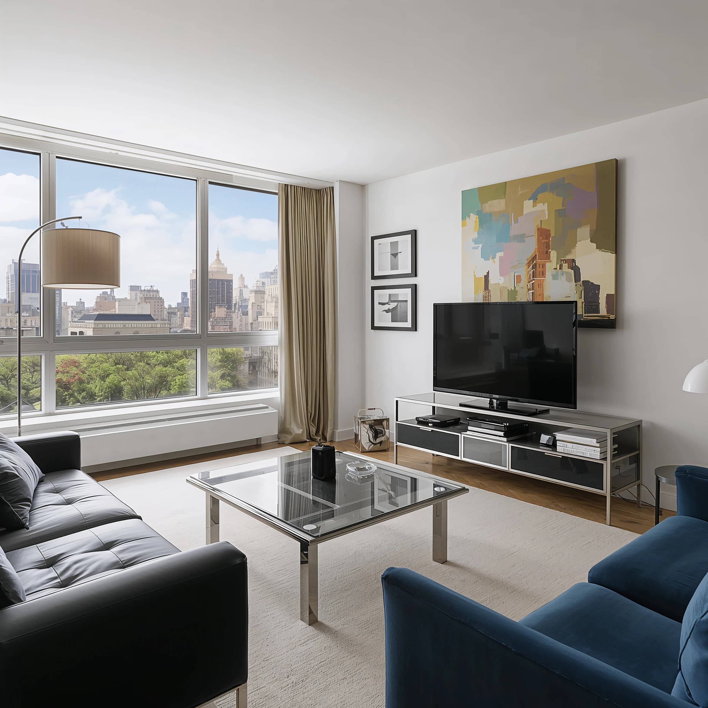 My apartment overlooks Central Park. It’s very luxurious, very expensive, and the furniture is minimal — a black leather couch, a glass coffee table with chrome legs, an Arne Jacobsen floor lamp. A big-screen television set rests on a steel shelving unit. A David Onica painting hangs above the couch. There’s a stainless steel and glass cocktail table. A powder-blue sofa. A thirty-inch digital TV.