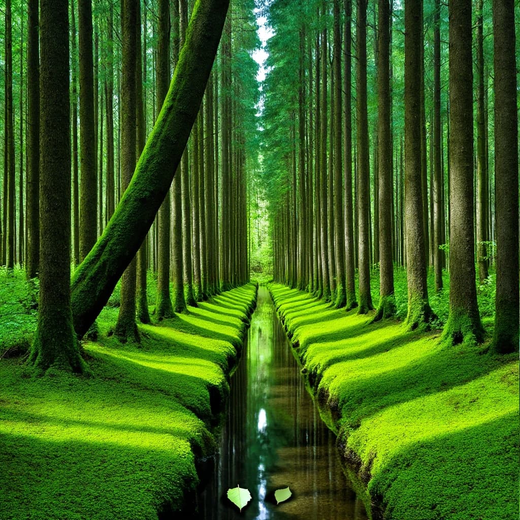 The forest is saturated green, trees identical in height and width, trunks straight, bark texture repeating. One trunk leans diagonally yet the branches remain vertical. The moss is emerald, glistening, though each patch forms identical diamond shapes. A stream runs straight, perfectly linear, water clear, reflecting clouds not visible in the sky. No animals, no insects, but one leaf floats on the water, doubled, showing two overlapping shadows.