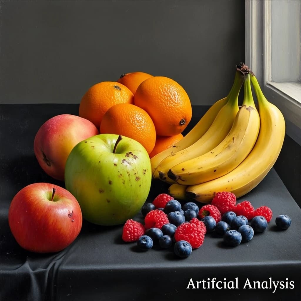 A still life scene painted oil on canvas, comprising various fruits on a black table cloth with striking lighting coming from the right out of frame, creating strong shadows. A bruised green apple is in the foreground, a peach behind it, and behind that a melange of oranges and bananas in various states of ripeness. Berries are strewn in front of the apple. The artist has signed his name "Artificial Analysis" in the bottom right corner in a hurried fashion.