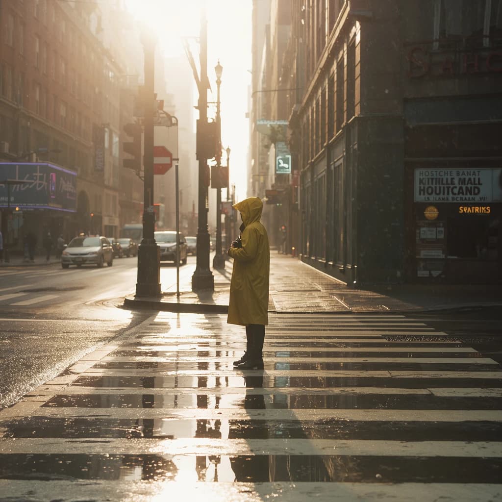 A sunlit city street after rain; puddles mirror neon signs as a woman in a yellow raincoat waits at a crosswalk, soft mist, 50mm look, natural tones, a bit of film grain.