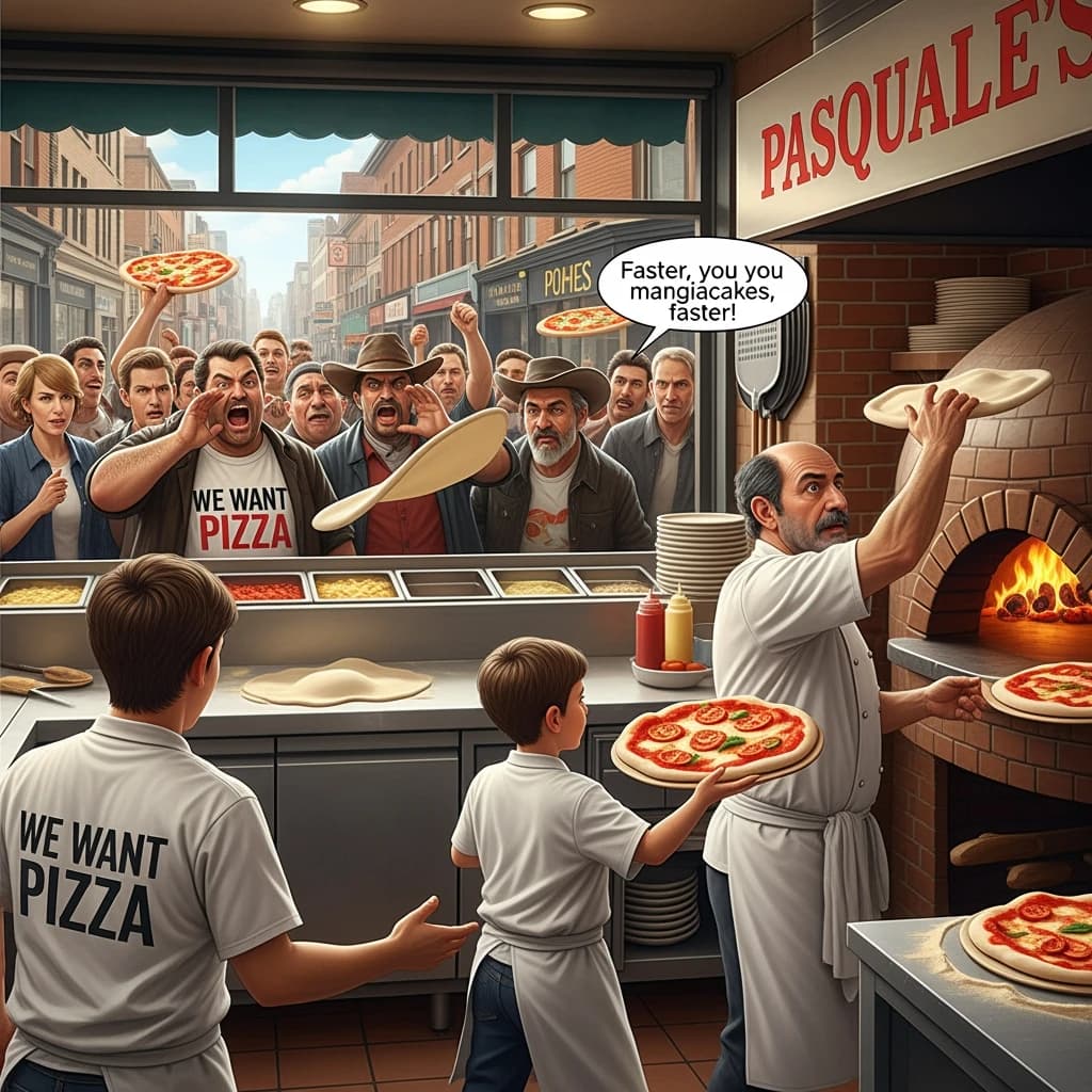 Pasquale is pulling his few remaining hairs out over a disaster at the pizzeria - the cooks are working as fast as they can but the crowds outside are swelling and they demand hot hot pizza! They are banging on the glass and some are wearing "we want pizza" shirts. 1980s western TV animation style.