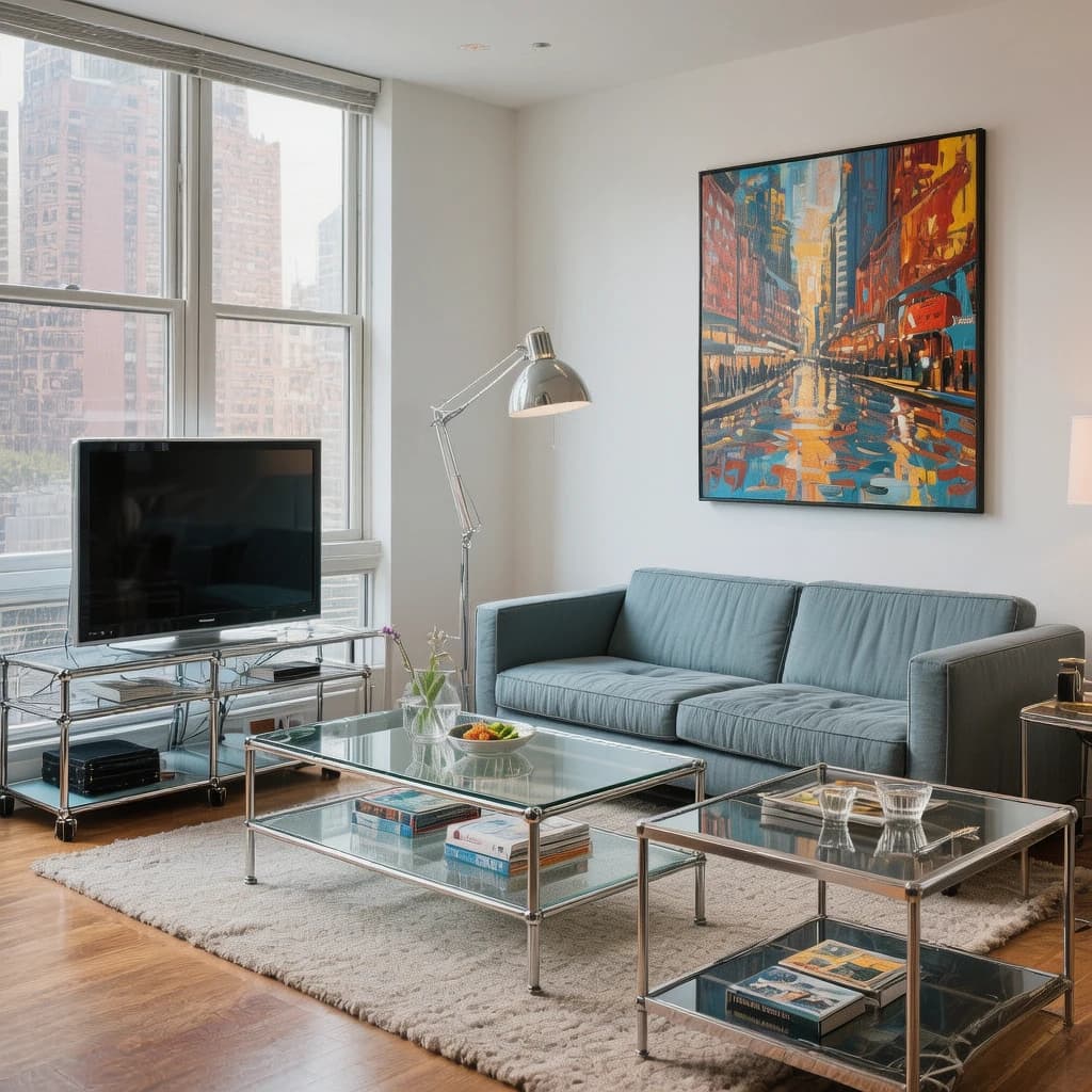 My apartment overlooks Central Park. It’s very luxurious, very expensive, and the furniture is minimal — a black leather couch, a glass coffee table with chrome legs, an Arne Jacobsen floor lamp. A big-screen television set rests on a steel shelving unit. A David Onica painting hangs above the couch. There’s a stainless steel and glass cocktail table. A powder-blue sofa. A thirty-inch digital TV.