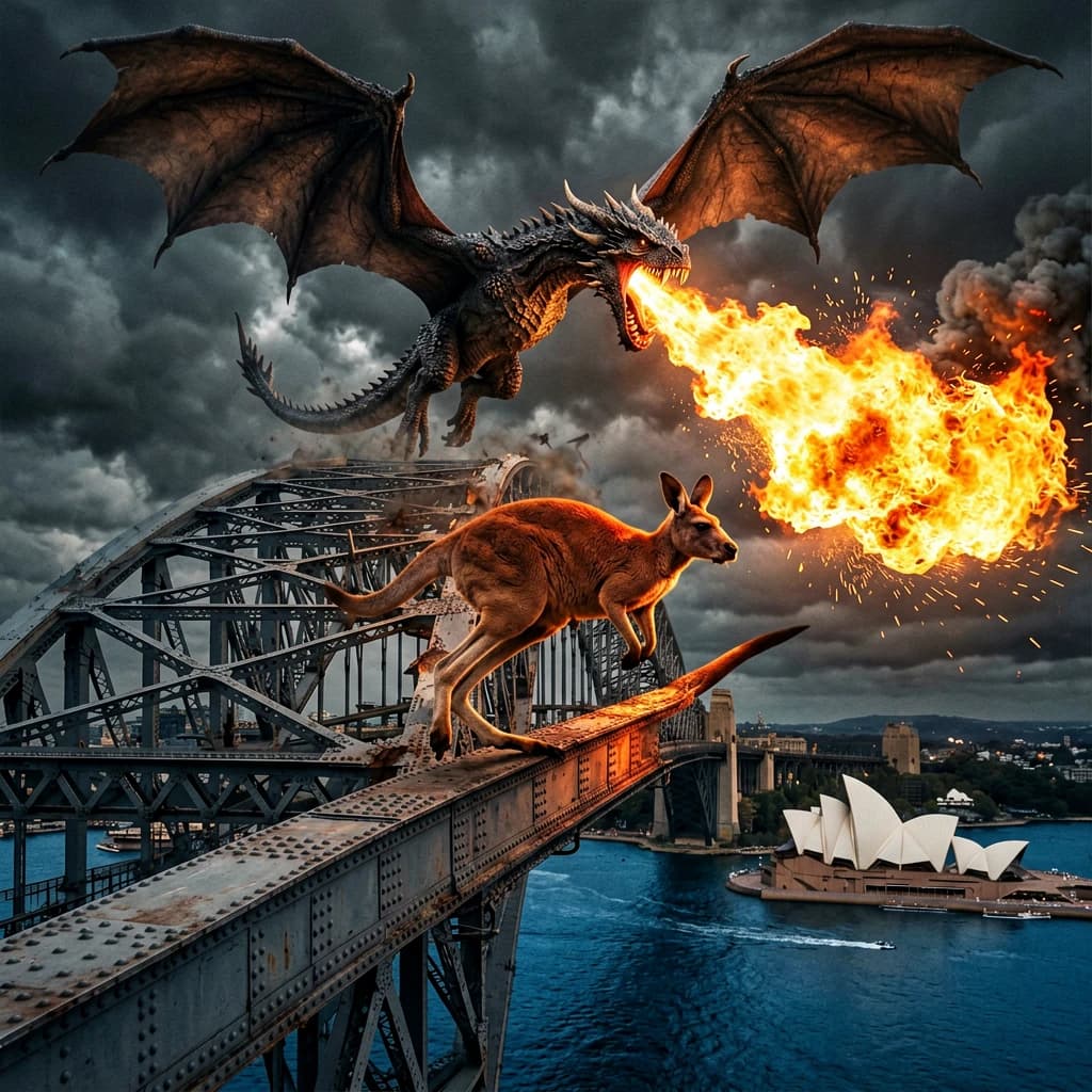 A dragon breathes fire at a kangaroo that is running away by climbing over the top of the Sydney Harbour Bridge. Opera House visible in the background.