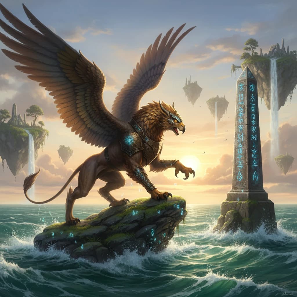 At dawn, a winged griffin lands on a mossy cliff above a jade sea beside a runed obelisk; floating isles drift under golden sunbeams, with a bit of sea spray and glowing runes.