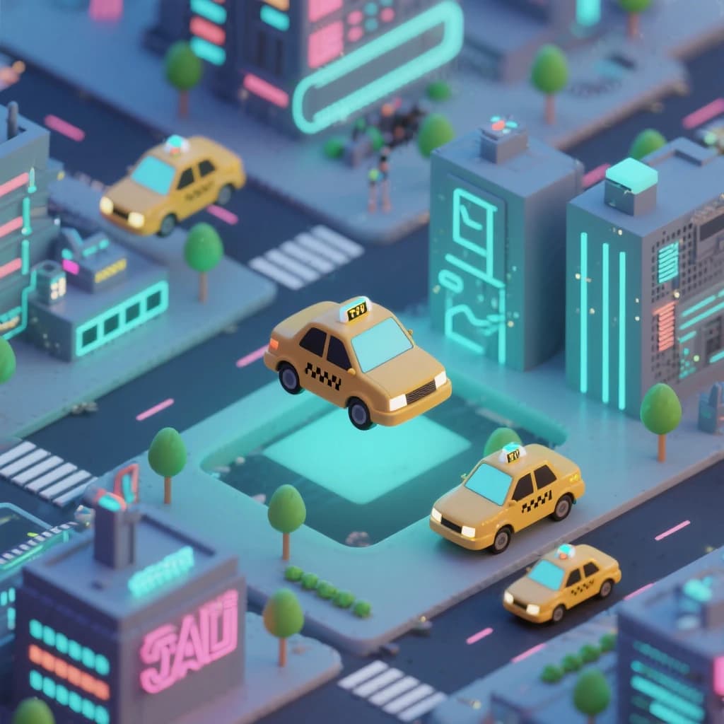 Design an isometric neon city with hovering taxis, clean lines, soft glow.