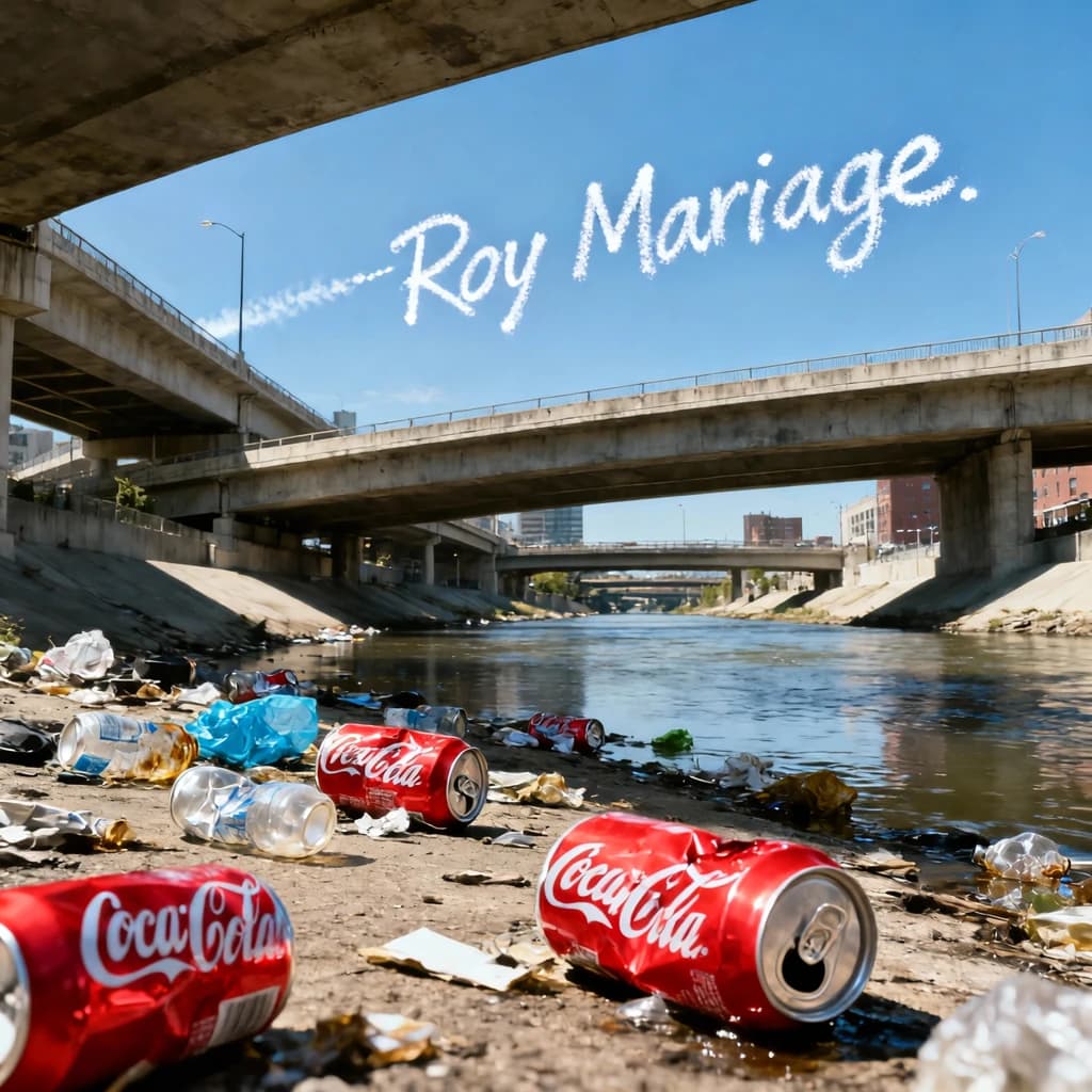 Red soda cans and other garbage sit strewn across the bank of an urban river only a few metres wide. Concrete overpasses criss cross overhead on a bright and sunny day. Fading skywriting proposes marriage