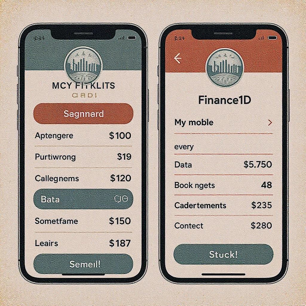 Make mobile finance app screens with mid-century palette, halftone, paper grain.