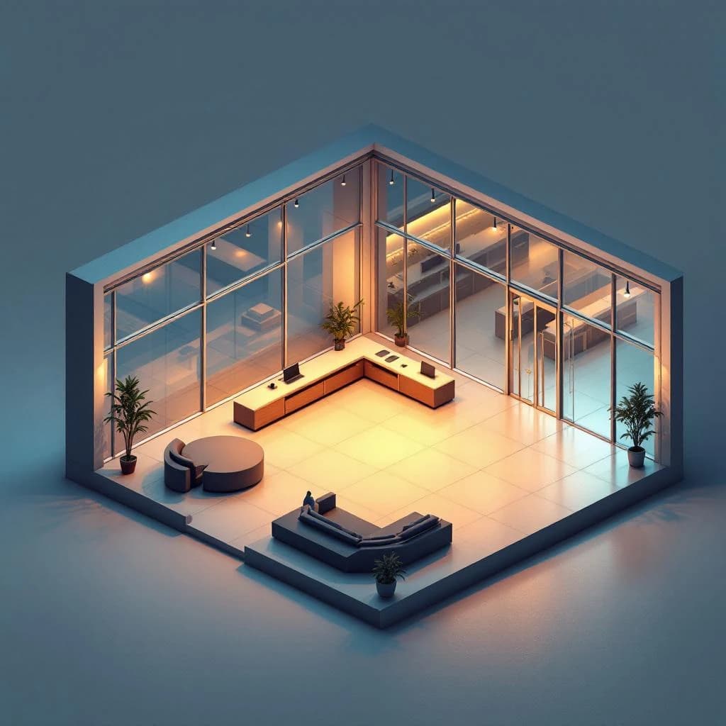 Isometric 3D lobby, glass walls, warm lights, slightly moody, soft shadows.