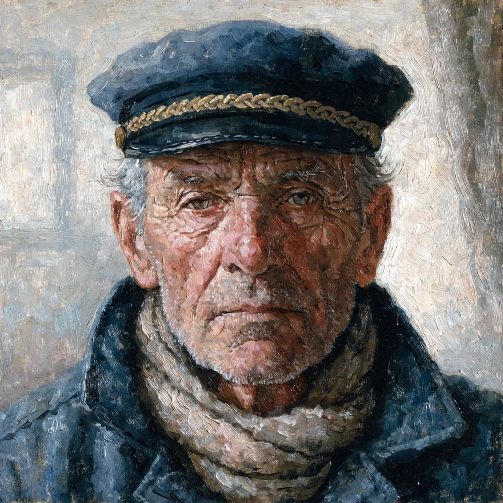 Oil on canvas portrait of an elderly sailor, weathered face, soft light.