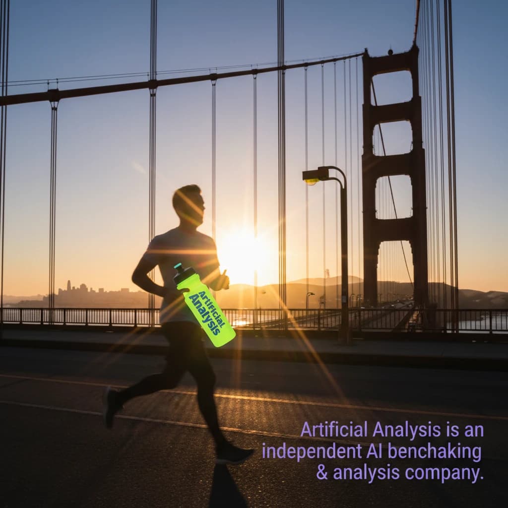 A runner dashes across the Golden Gate Bridge at dawn, sunlight streaming between cables. In their hand, they carry a neon-green sports drink with the brand name Artificial Analysis splashed boldly across the bottle. Motion blur emphasizes speed, while crisp purple sans serif typography overlays the bottom right of the scene with the tagline: Artificial Analysis is an independent AI benchmarking & analysis company