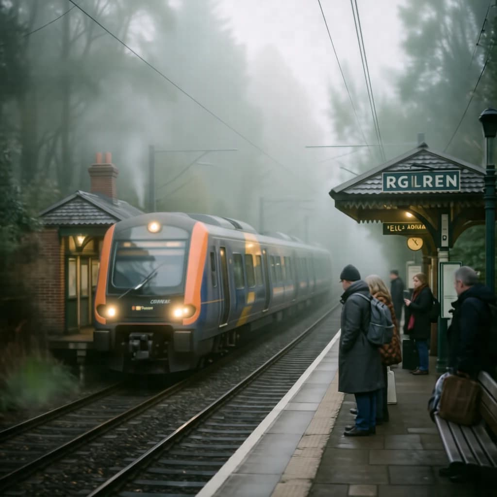 A commuter train enters a foggy little station.