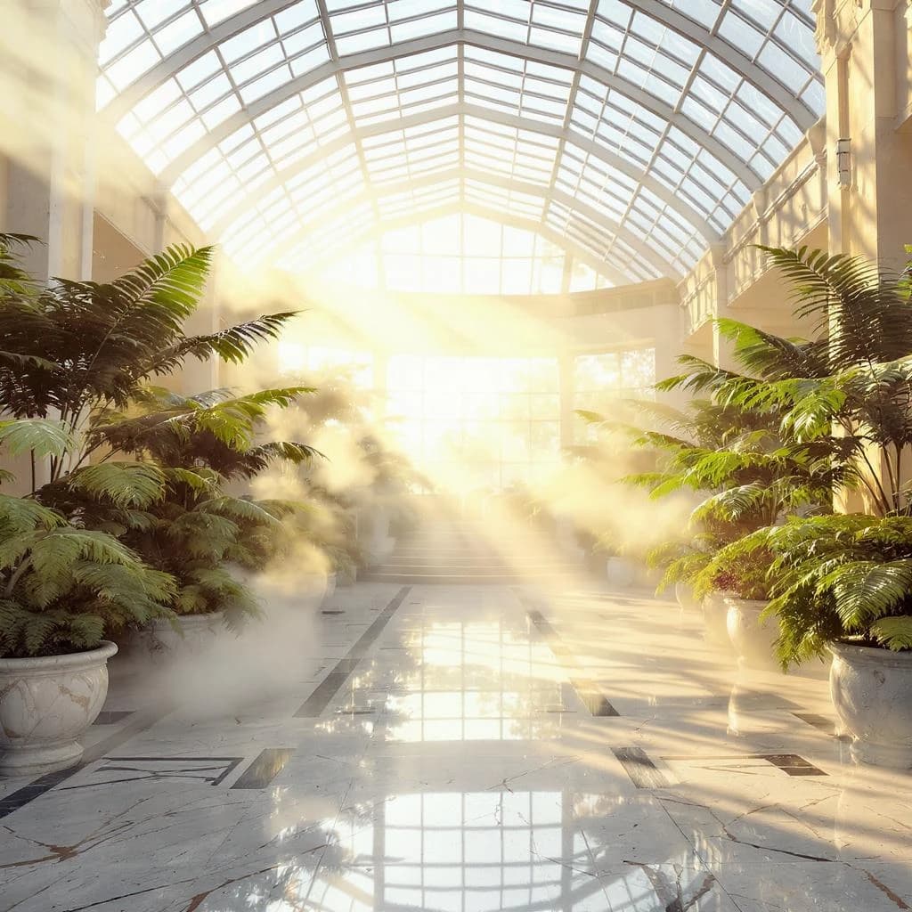 Sunlit atrium with glass ceiling, marble floor, ferns, a bit of morning haze.