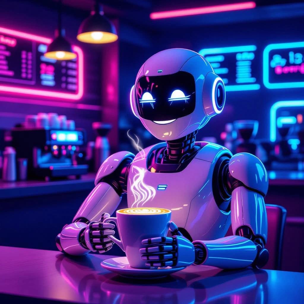 A smiling robot barista serves glowing lattes in a neon diner with bold lines.
