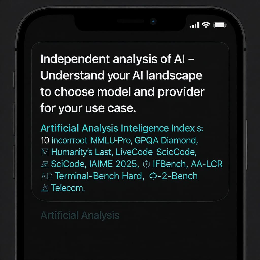 On a black smartphone UI with rounded corners, display a centered text block in white San Francisco font, 16pt: “Independent analysis of AI - Understand the AI landscape to choose the best model and provider for your use case.” Below, in neon cyan, monospace font, smaller size: “Artificial Analysis Intelligence Index v3.0 incorporates 10 evaluations: MMLU-Pro, GPQA Diamond, Humanity's Last Exam, LiveCodeBench, SciCode, AIME 2025, IFBench, AA-LCR, Terminal-Bench Hard, 𝜏²-Bench Telecom.” The second block scrolls horizontally as a ticker. The battery icon in the status bar shows 54%. The Artificial Analysis logo appears faintly, embossed into the bottom navigation bar.