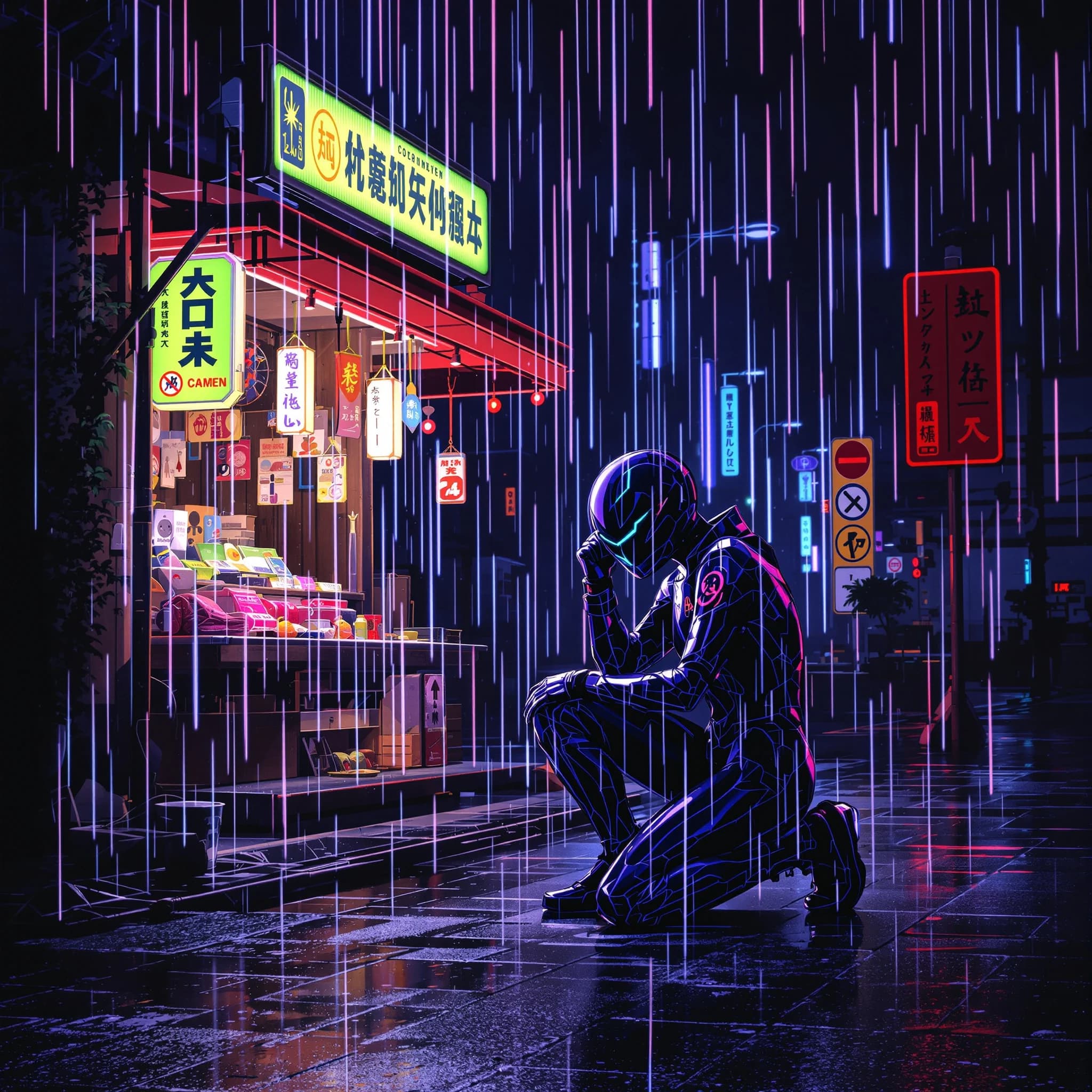 Neon rain falls as a cel-shaded mecha kneels by a ramen stall, midnight vibes.