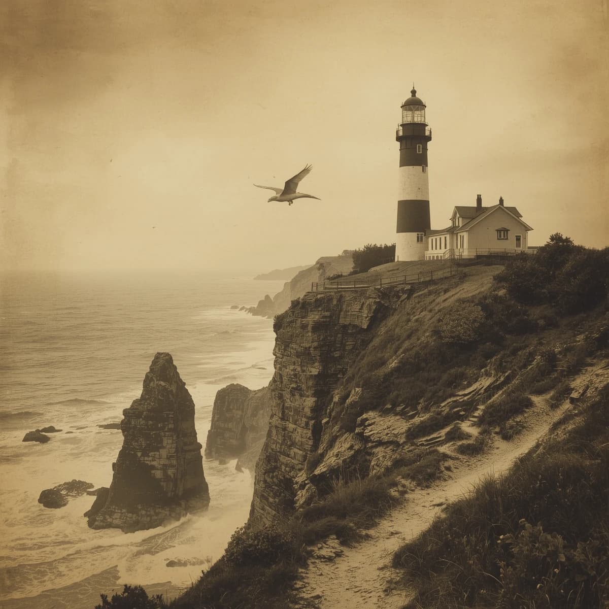 Let's do a sepia pulp cover where a dragon coils around a cliffside lighthouse.