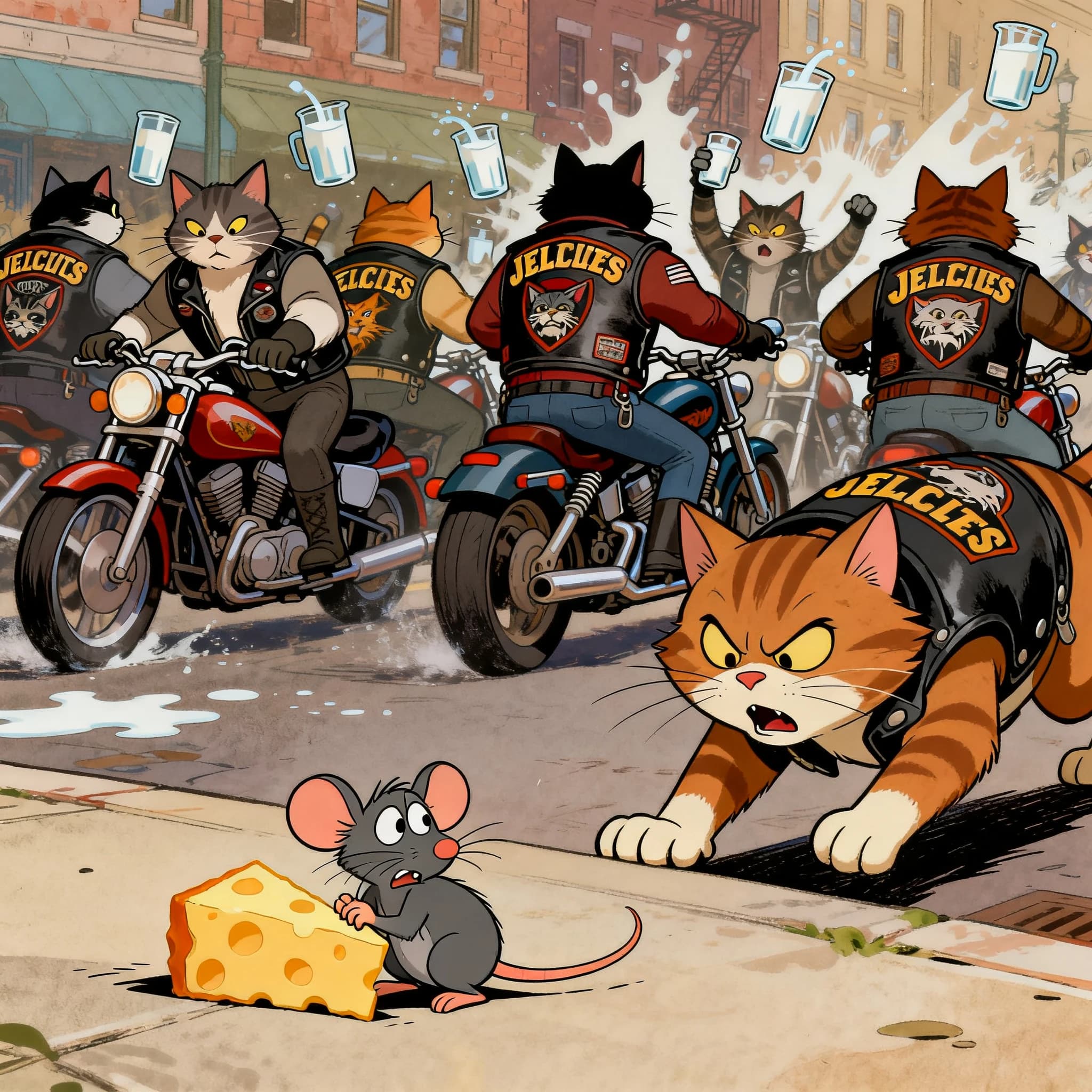 The cartoon rat clenches his thin wedge of cheese and trembles in fear as he hides from the menacing Jellicles, the roaming cat motorcycle gang, all wearing their colors with the name on the back. The cats have all drunk far too much milk and are causing a big ruckus! One cat is close to finding the rat