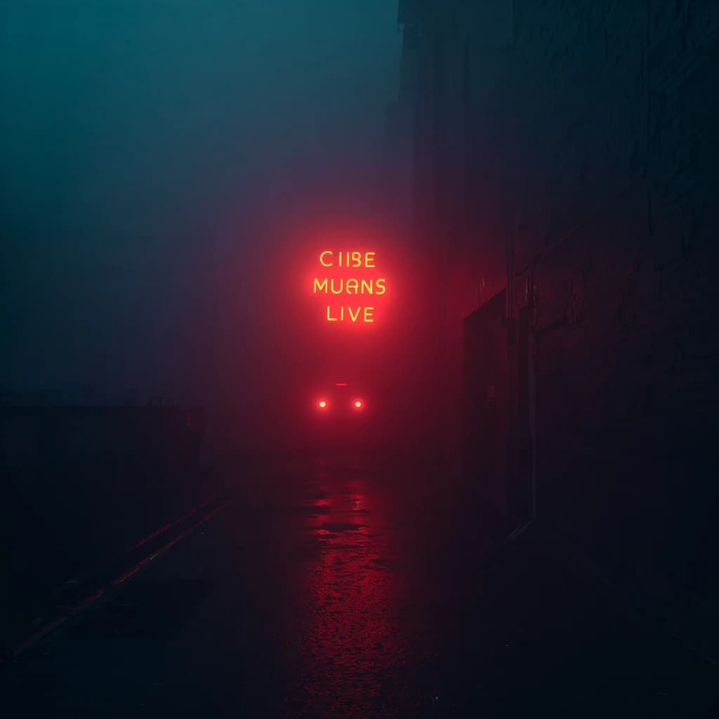 Neon serif letters flicker in a foggy alley, wet asphalt glowing a bit.