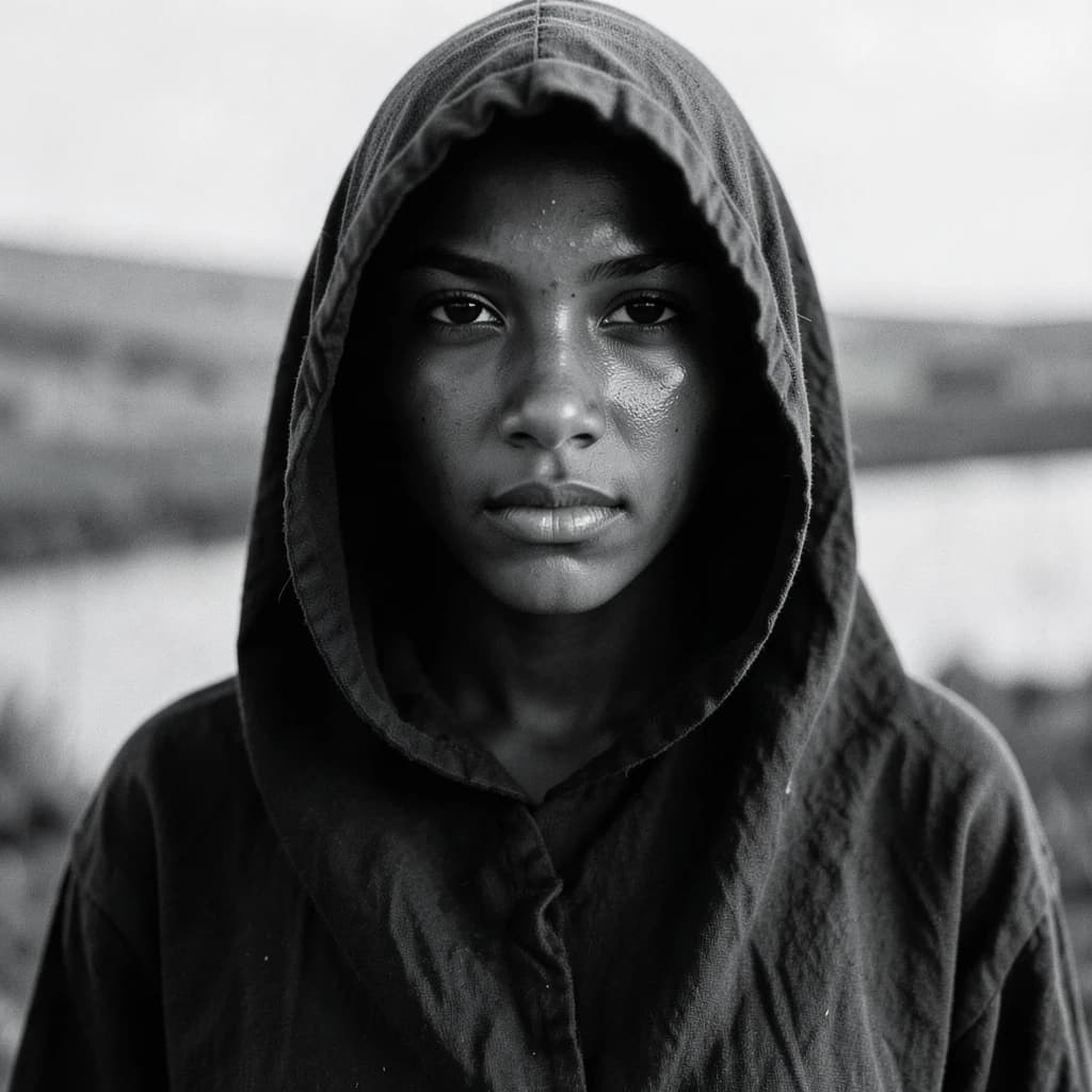 A dramatic black-and-white portrait of a young person draped in a hooded garment, their face framed by the hood's dark folds. Their skin tone and the subtle sheen on their cheeks create striking tonal contrast against the deep shadows. Their eyes are piercing, looking directly into the lens with a calm, steady intensity—neither confrontational nor submissive, but deeply present. The texture of the fabric is visible: it's dense, slightly weathered, and whisper-thin creases catch the light. In the background, an expansive, out-of-focus landscape suggests open space—perhaps distant plains or water—though the details remain soft and abstract. The overall mood is silent yet powerful, poised between vulnerability and resilience, with every highlight and shadow telling part of their story.