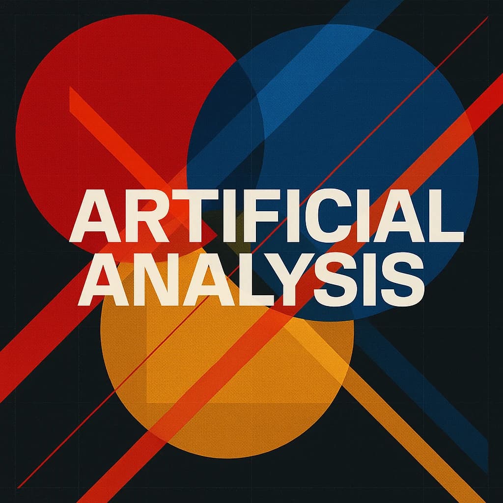 A bold poster composition dominated by flat geometric shapes in crimson, cobalt, and ochre. Overlapping circles and sharp diagonal lines create dynamic tension across the frame. A single sans-serif word — Artificial Analysis — stretches across the center in stark white, distorted slightly as though caught mid-glitch. The background is textured with halftone dots and faint grid lines, while subtle overlays of translucent rectangles suggest depth. Designed in the spirit of modernist Swiss typography fused with digital glitch aesthetics.