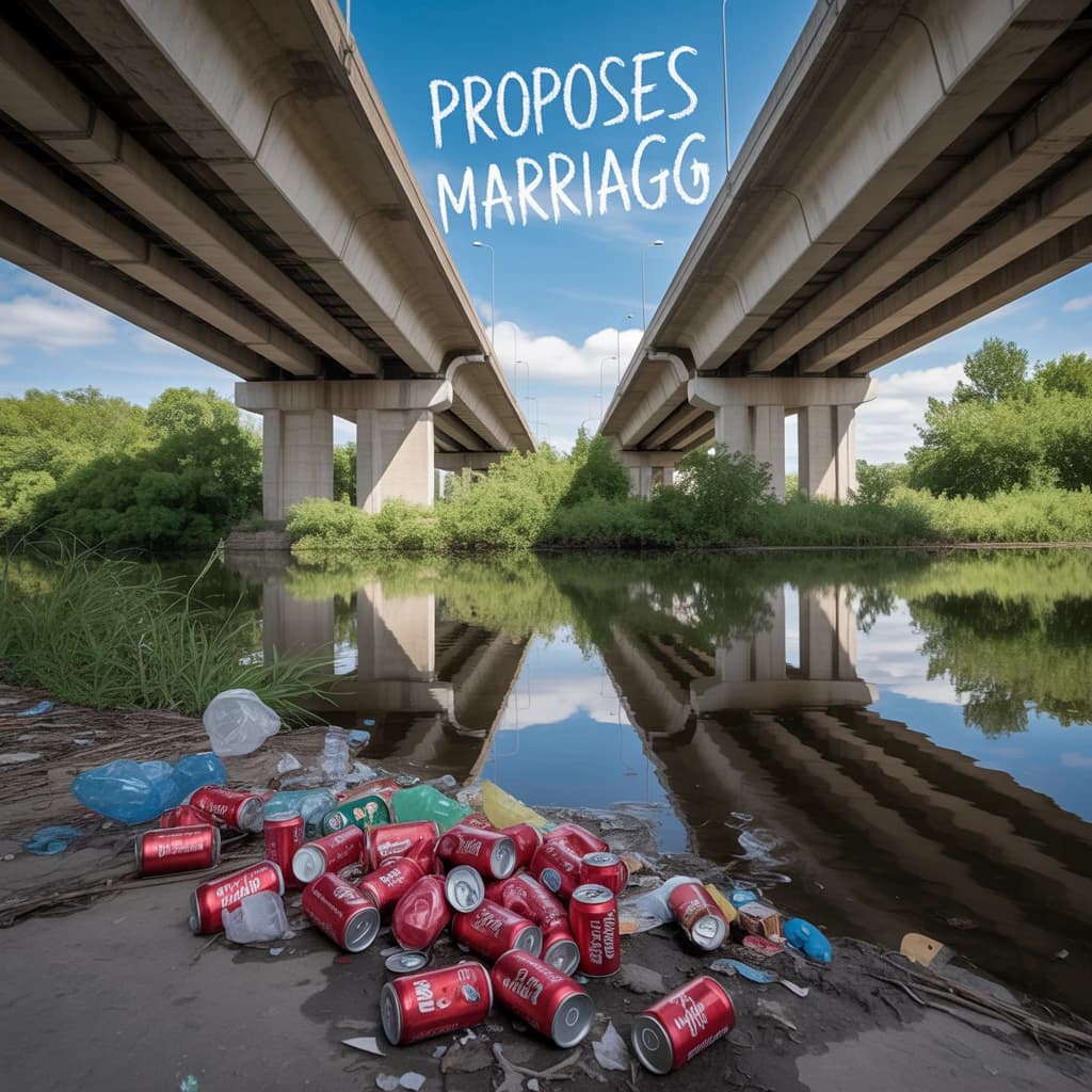 Red soda cans and other garbage sit strewn across the bank of an urban river only a few metres wide. Concrete overpasses criss cross overhead on a bright and sunny day. Fading skywriting proposes marriage
