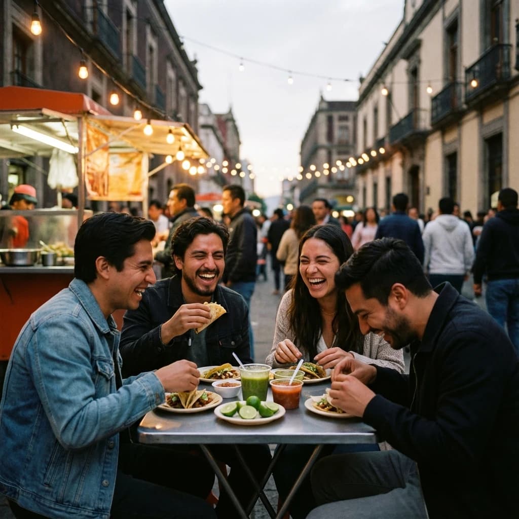 Friends laugh over street tacos at dusk, candid, shallow depth.