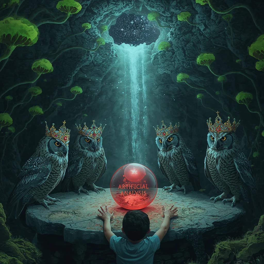 In a cavern lined with bioluminescent fungi glowing lime green, the council of owls wear jeweled crowns that glimmer with rubies, their wings folded behind their backs. Dust coats the stone table, a glowing orb inscribed with “Artificial Analysis” hovers above the table illuminating the owls with its red pulsating light. Behind them, a waterfall falls upward into a ceiling that opens onto stars - a child looks down in wonder from above at what he has stumbled across.