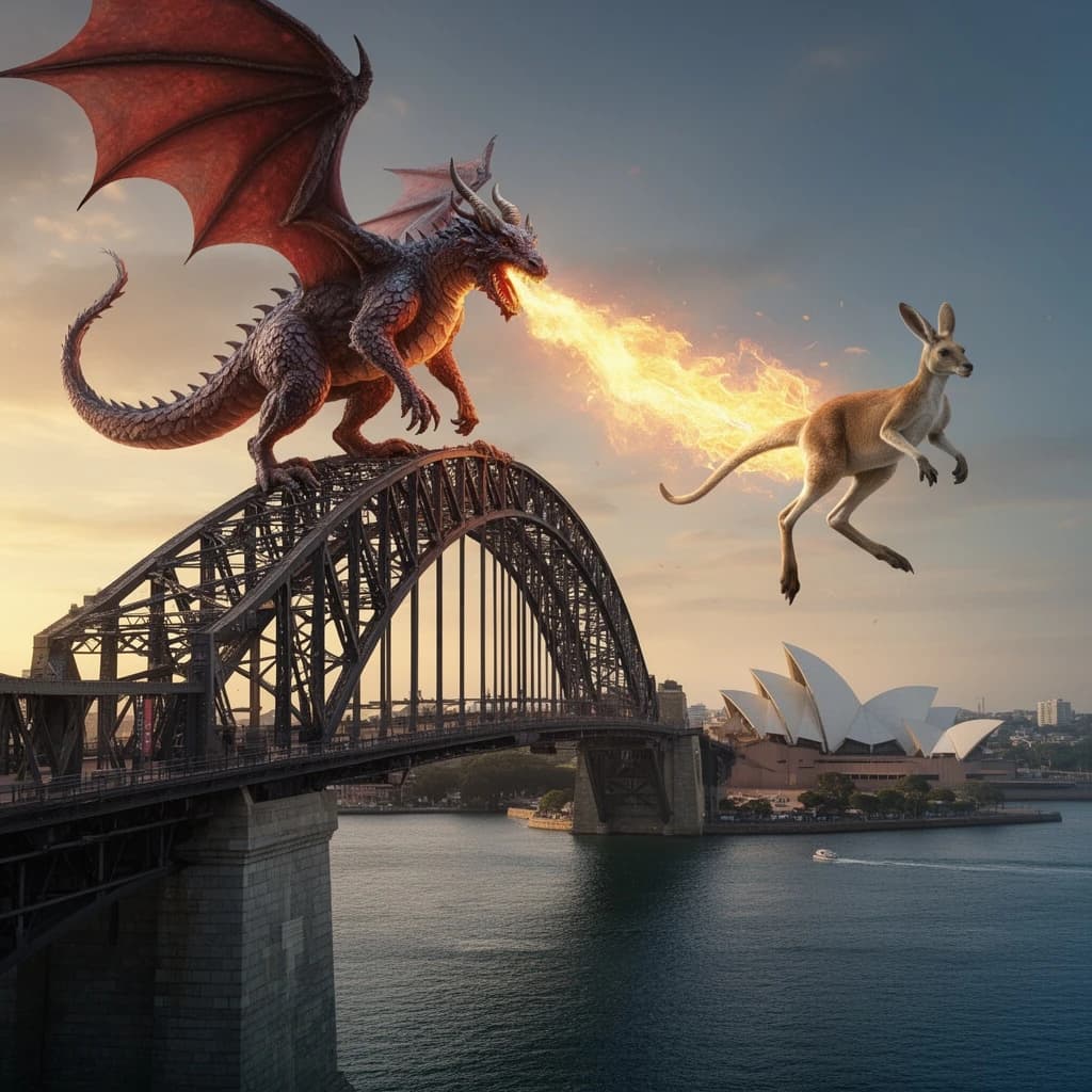 A dragon breathes fire at a kangaroo that is running away by climbing over the top of the Sydney Harbour Bridge. Opera House visible in the background.