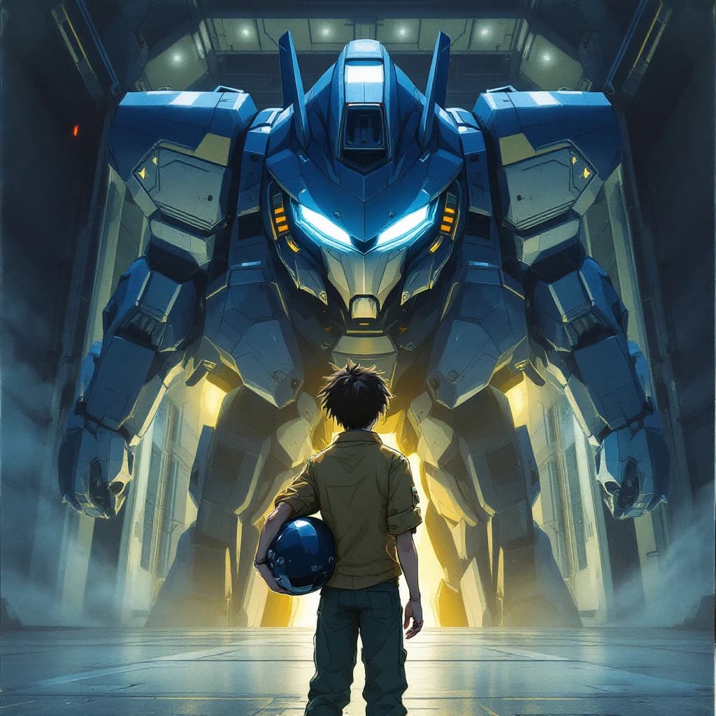 A teenage pilot grips his helmet under one arm, standing at the edge of a glowing hangar bay. Before him looms a sleek, steel-blue mech, its eyes lit with a cold electric glare. His school uniform is rumpled, a sharp contrast to the machine’s flawless plating. The vast scale engulfs him in shadow, emphasizing both awe and dread. Hand-drawn anime style.