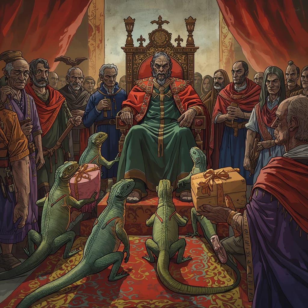 Big Weasel, the tyrannical ruler of the Levitus, slouches on his throne, his mood foul but somewhat brightened by the sight of gifts - a wearisome group of lizard traders adorned in fine silks proceed toward him through the hall with their annual tribute of biscuits, ham and gold - Big Weasel's favourites. Big Weasel's entourage looks on with stern approval.