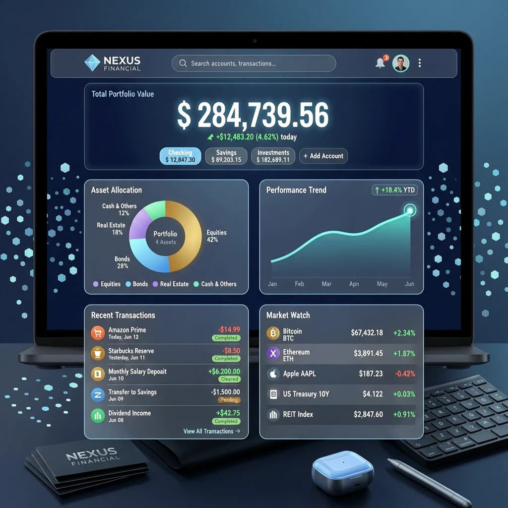 Dark mode banking dashboard with glassmorphism.