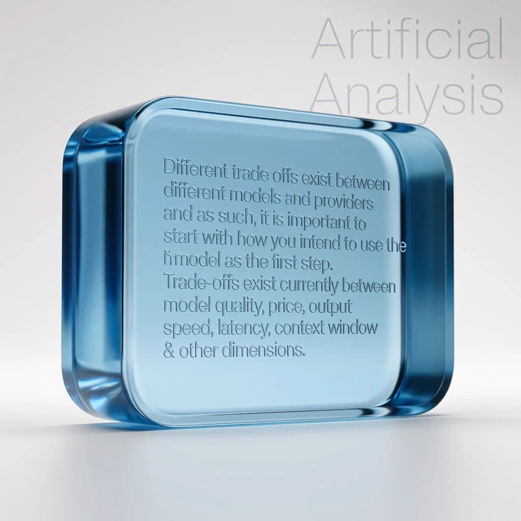 In a clear transparent blue glassy rounded box, etch "Different trade offs exist between different models and providers and as such, it is important to start with how you intend to use the model as the first step. Trade-offs exist currently between model quality, price, output speed, latency, context window & other dimensions. " in sans serif medium weight text. Artificial Analysis is watermarked over the top right 
