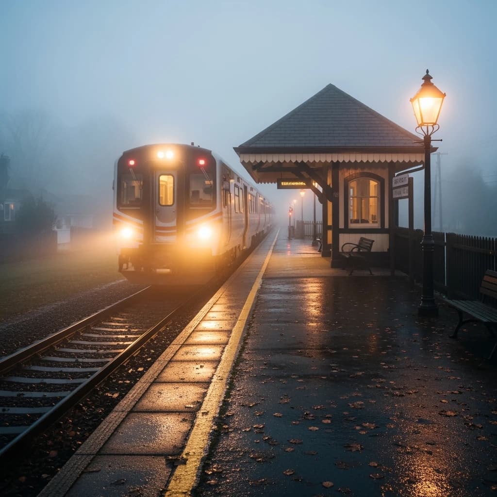 A commuter train enters a foggy little station.