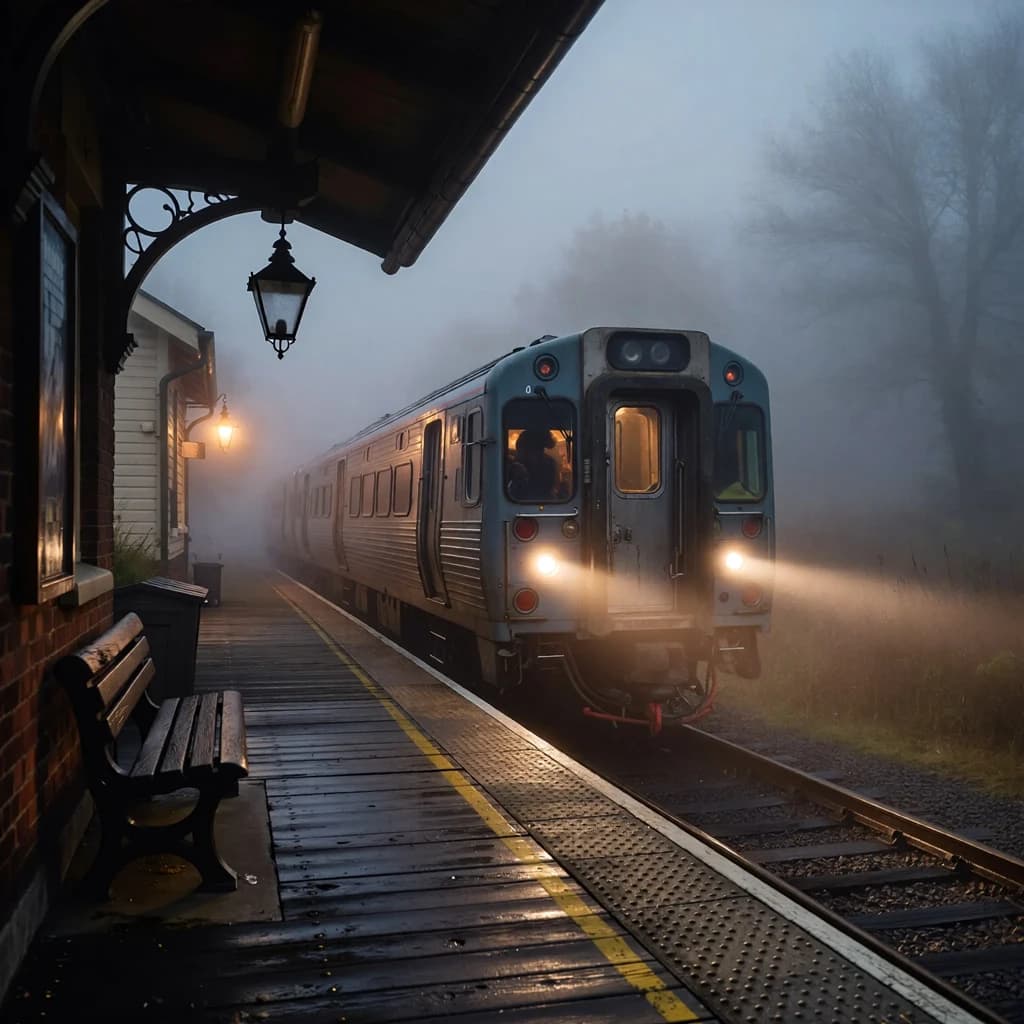 A commuter train enters a foggy little station.