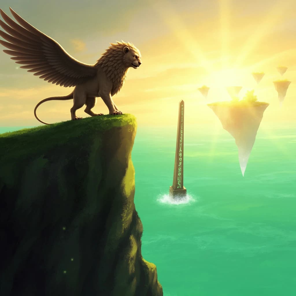 At dawn, a winged griffin lands on a mossy cliff above a jade sea beside a runed obelisk; floating isles drift under golden sunbeams, with a bit of sea spray and glowing runes.