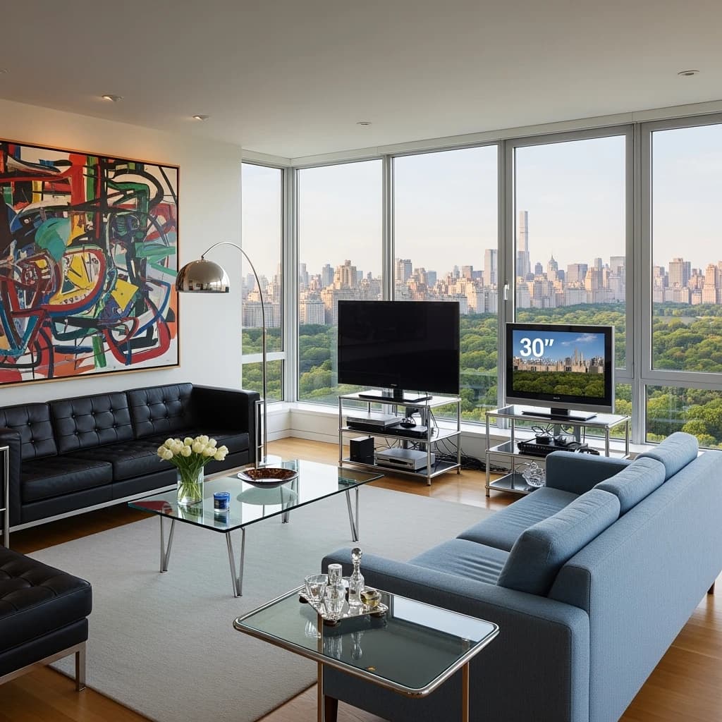 My apartment overlooks Central Park. It’s very luxurious, very expensive, and the furniture is minimal — a black leather couch, a glass coffee table with chrome legs, an Arne Jacobsen floor lamp. A big-screen television set rests on a steel shelving unit. A David Onica painting hangs above the couch. There’s a stainless steel and glass cocktail table. A powder-blue sofa. A thirty-inch digital TV.