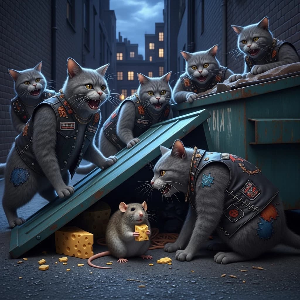 The cartoon rat clenches his thin wedge of cheese and trembles in fear as he hides from the menacing Jellicles, the roaming cat motorcycle gang, all wearing their colors with the name on the back. The cats have all drunk far too much milk and are causing a big ruckus! One cat is close to finding the rat